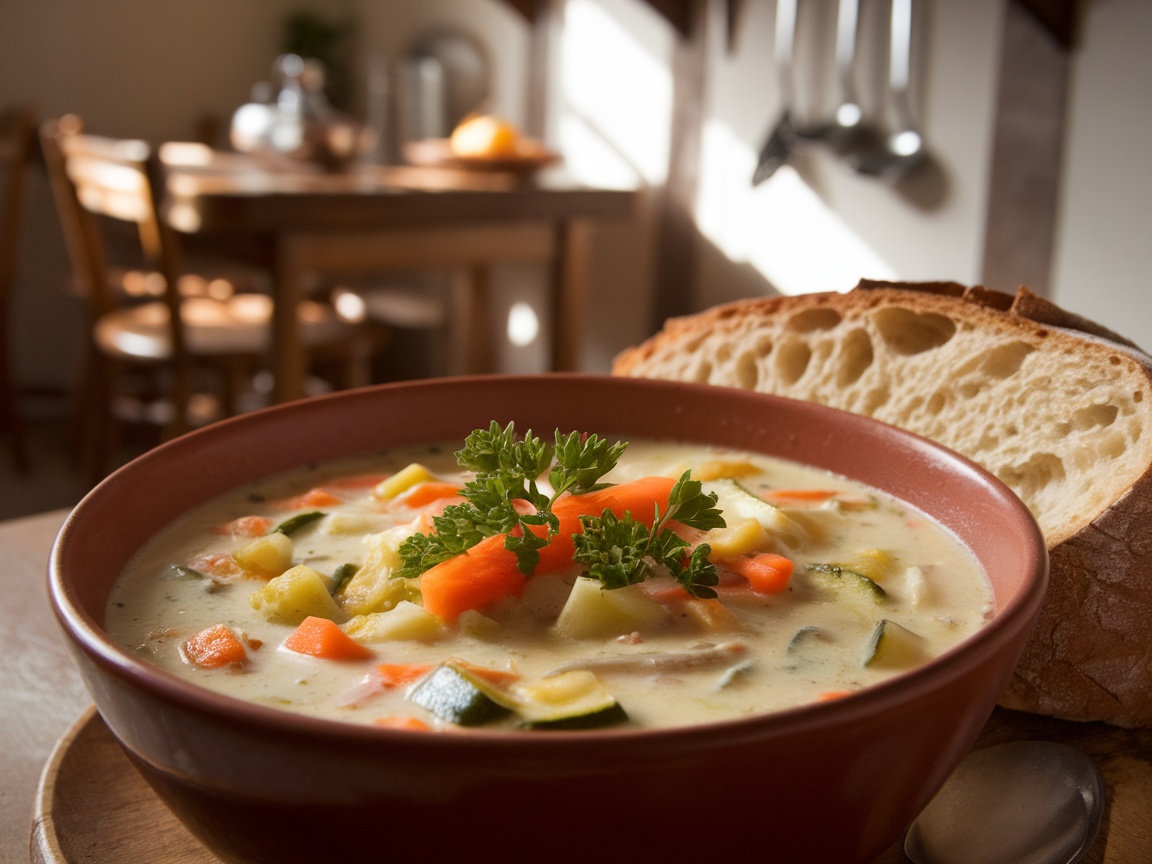 Creamy Vegetable Soup Recipe A bowl of creamy vegetable soup with colorful vegetables, garnished with parsley, alongside crusty bread.